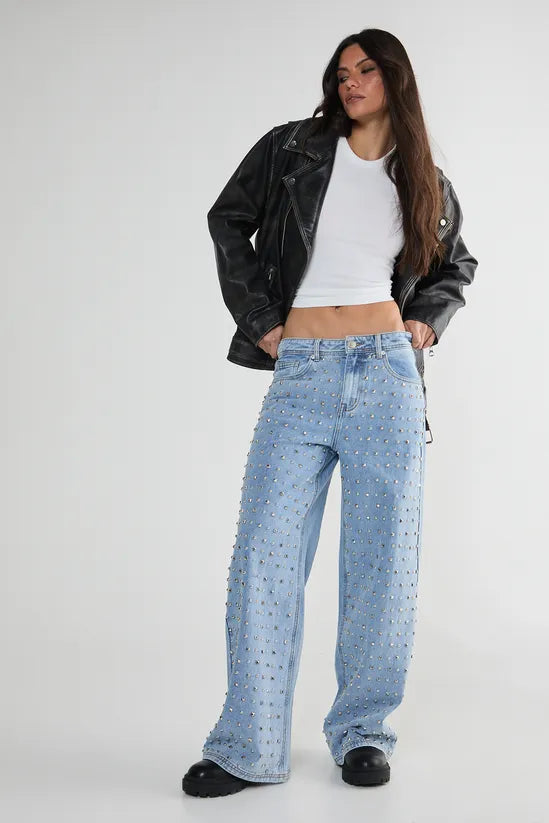 Studded Straight Leg Denim Jeans