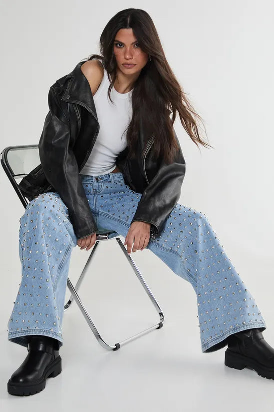 Studded Straight Leg Denim Jeans
