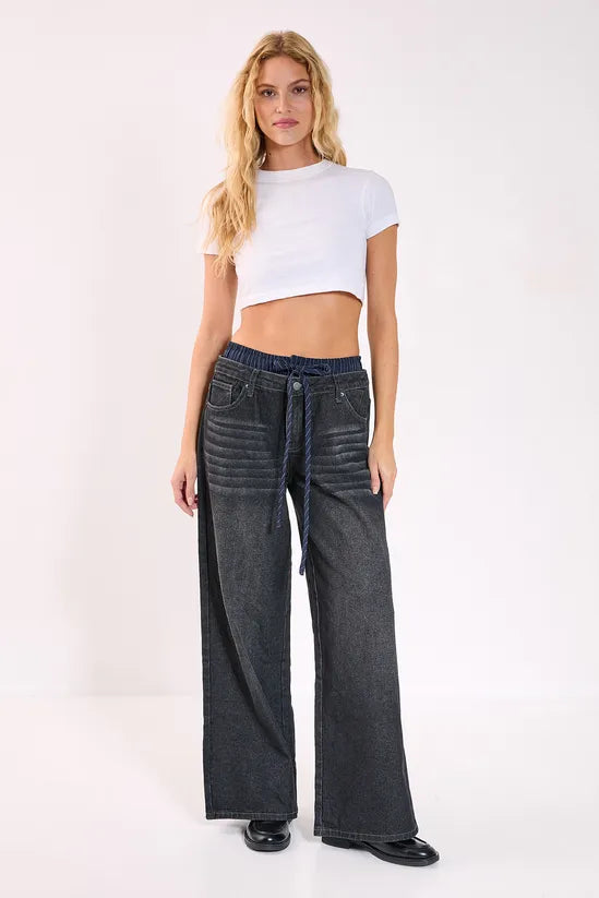 Stone Wash Boxer Stripe Waistband Wide Leg Jeans