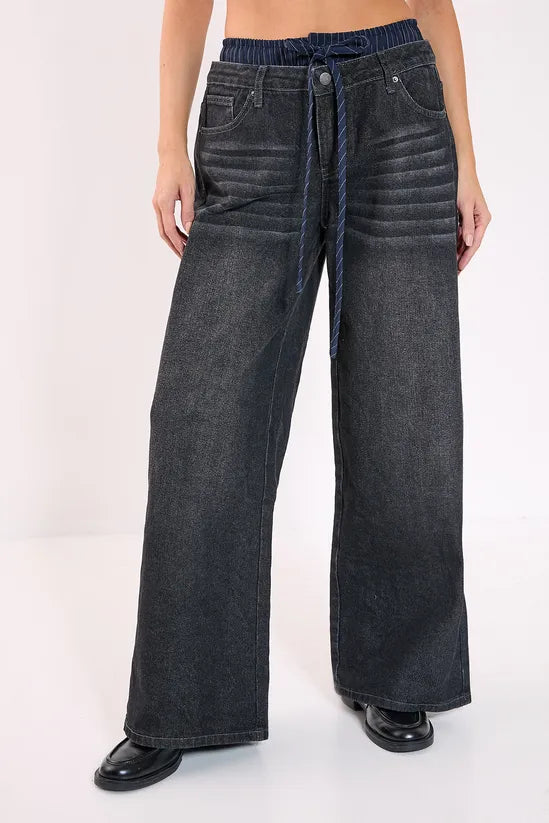 Stone Wash Boxer Stripe Waistband Wide Leg Jeans