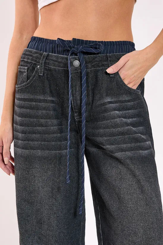 Stone Wash Boxer Stripe Waistband Wide Leg Jeans