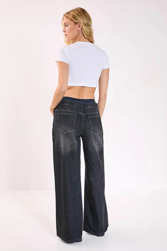 Stone Wash Boxer Stripe Waistband Wide Leg Jeans