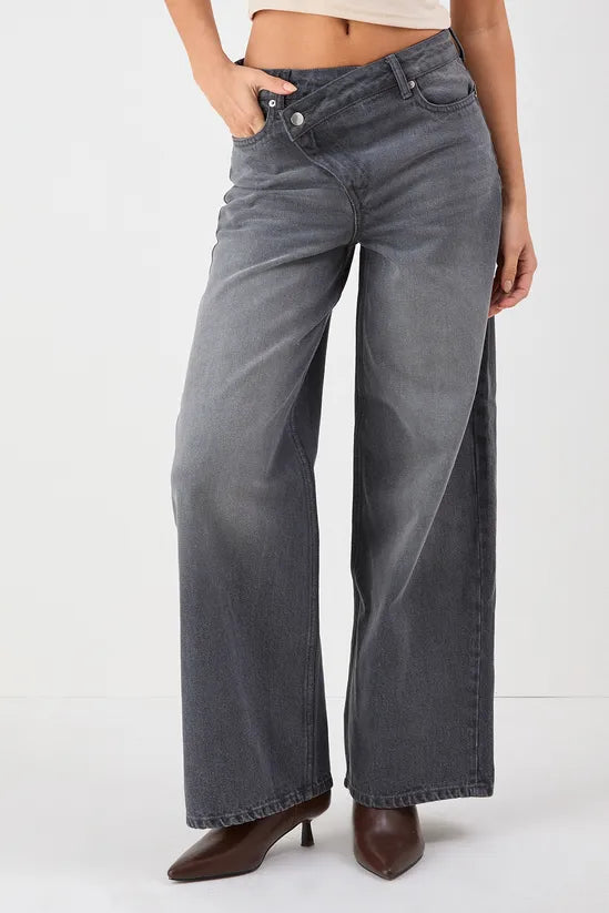 Asymmetric Waist Denim Wide Leg Jean